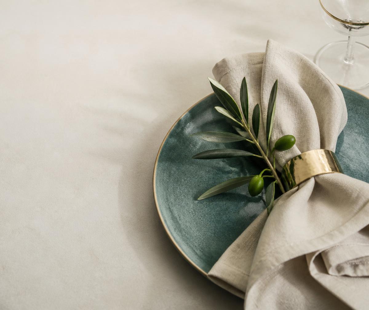 Elegant dukning med keramiktallrik, linneservett och olivkvist