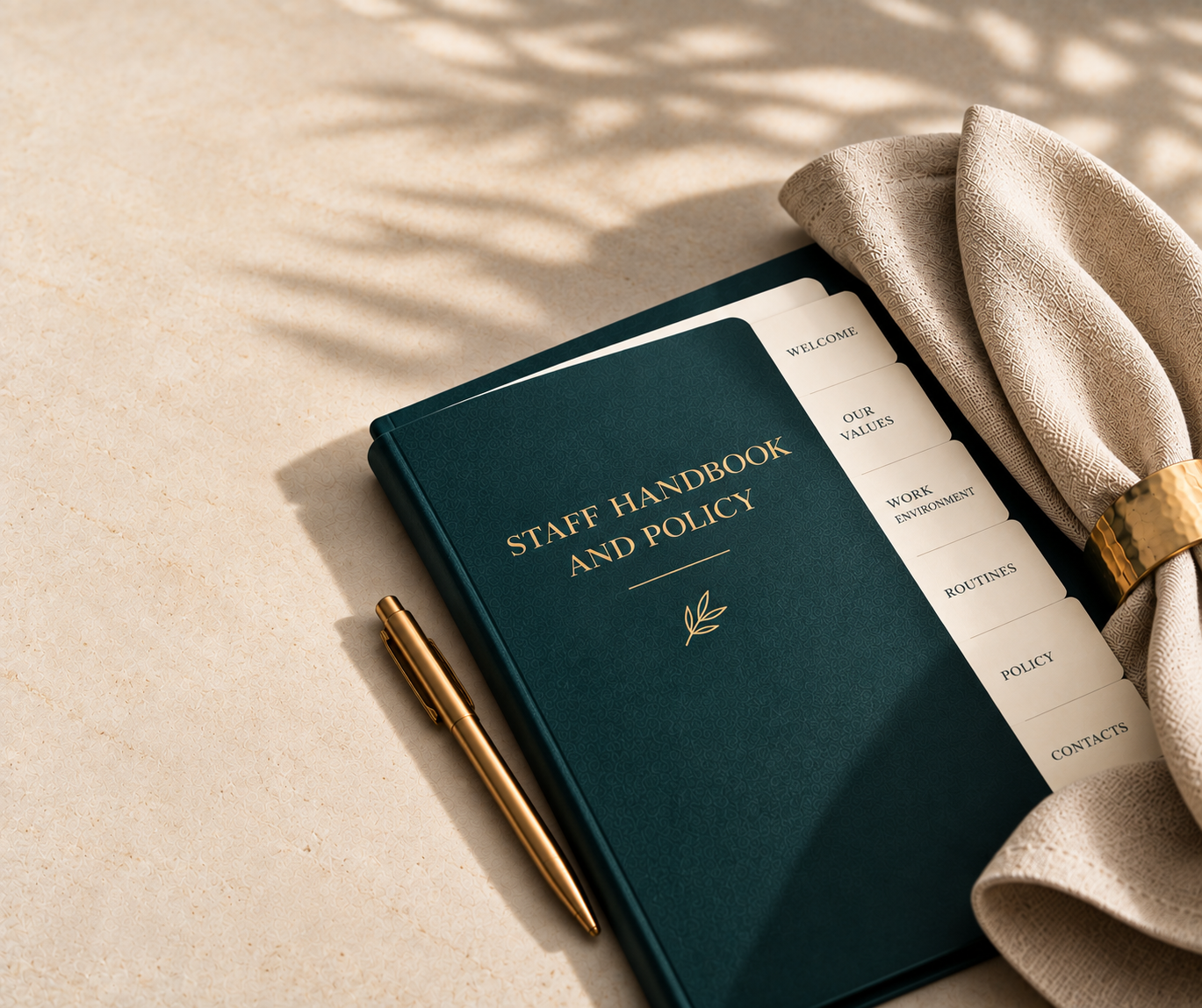 Staff handbook and policy in a teal binder with gold details