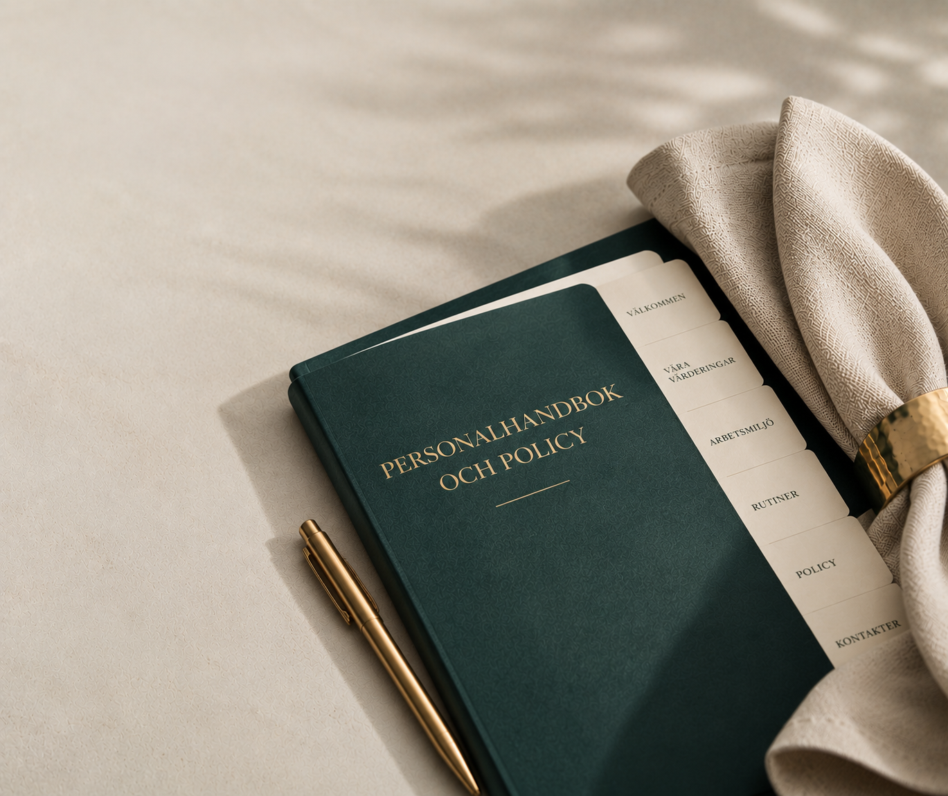 Personalhandbok och policy i teal pärm med guld