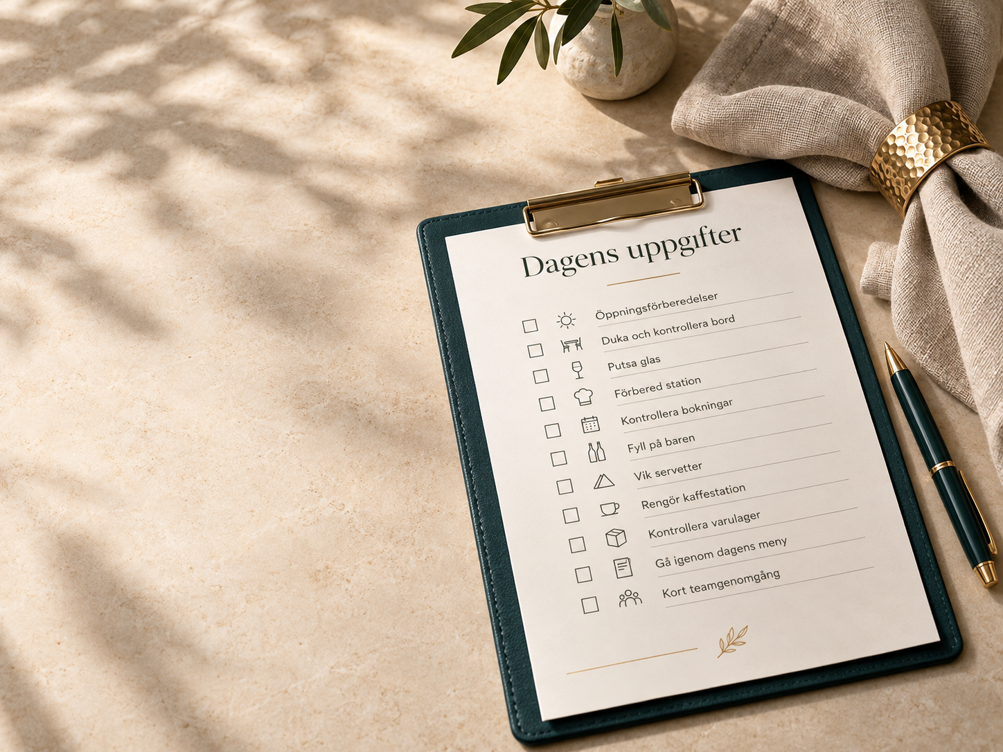 Teal urklipp med dagens uppgifter på ett beige bord