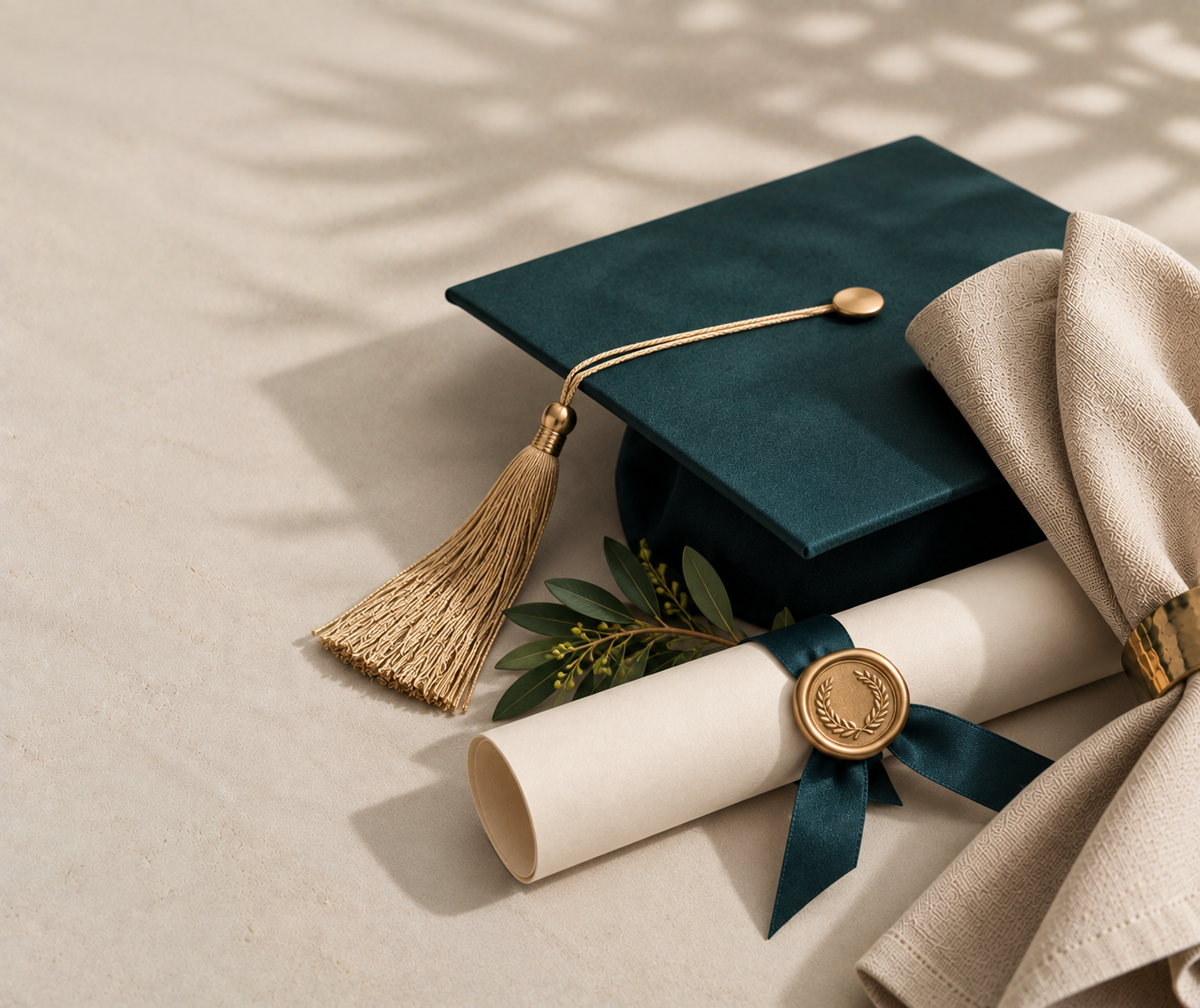 Doktorshatt i teal med guldtassel och diplom