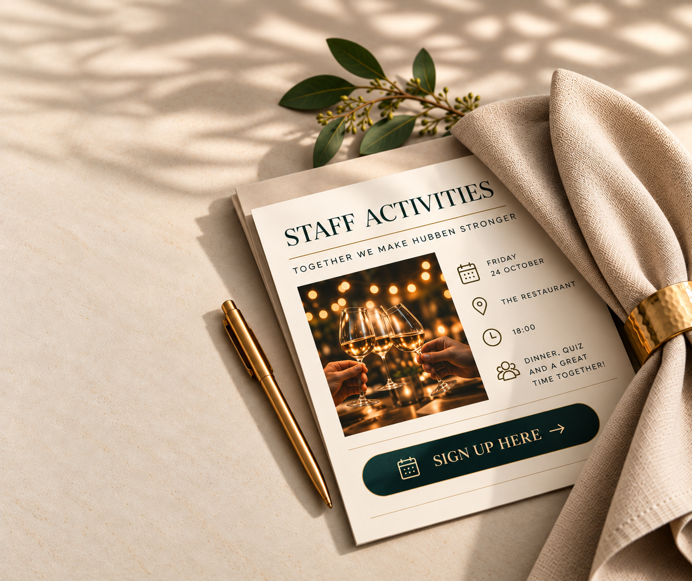 Invitation to a staff event with a wine glass and gold pen